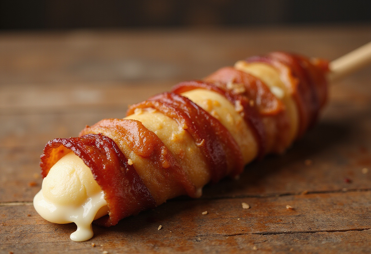 Delicious Hot Bacon Wrapped Mozzarella Sticks with gooey cheese, perfect for serving as an appetizer.