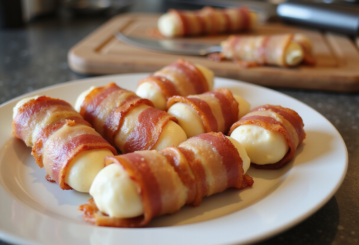 Hot Bacon Wrapped Mozzarella Sticks preparation with cheese and bacon on a kitchen counter.