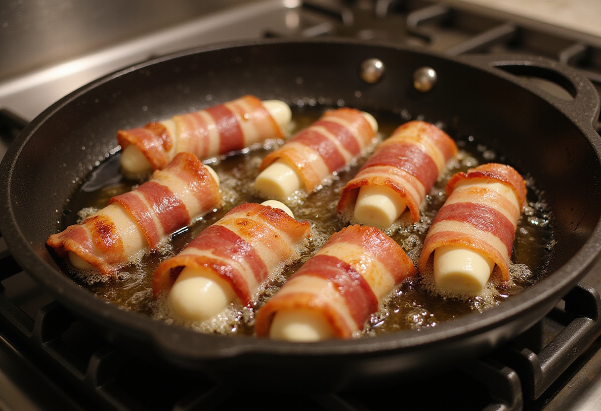 Frying Hot Bacon Wrapped Mozzarella Sticks in oil on the stovetop for a delicious appetizer.