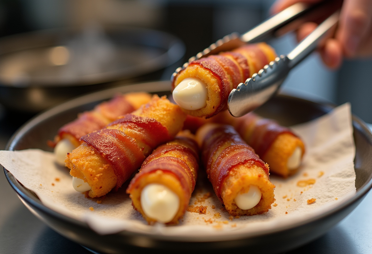 Removing crispy Hot Bacon Wrapped Mozzarella Sticks from frying pan for draining excess oil.
