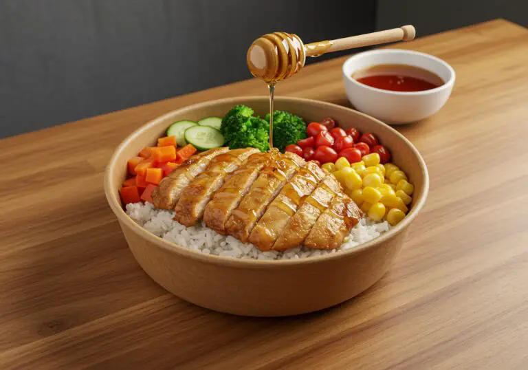 A finished hot honey chicken bowl, showcasing rice, sliced chicken, vegetables, and sweet honey drizzle, perfect for meal inspiration.