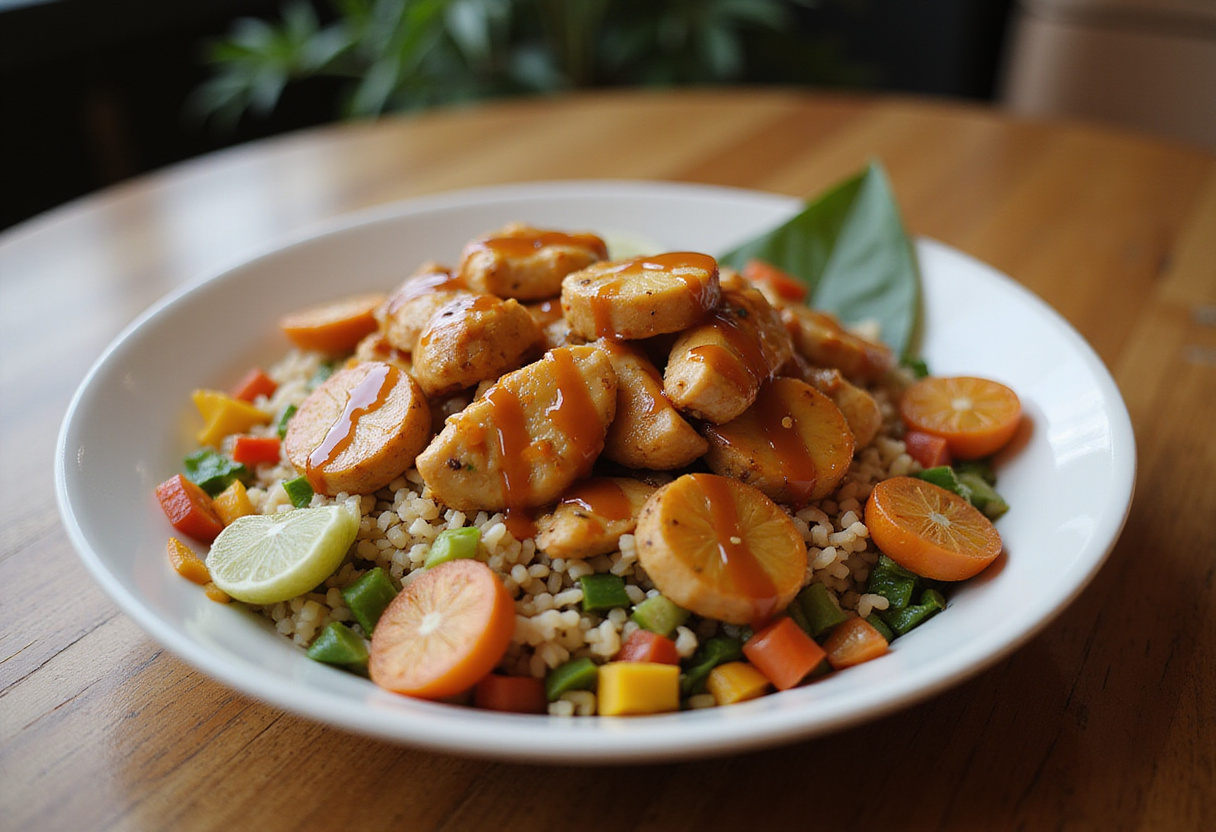 A finished hot honey chicken bowl, showcasing rice, sliced chicken, vegetables, and sweet honey drizzle, perfect for meal inspiration.