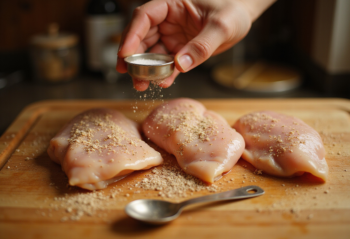 Seasoning raw chicken breasts for a delicious hot honey chicken bowl, featuring salt, pepper, and garlic powder on a wooden cutting board.