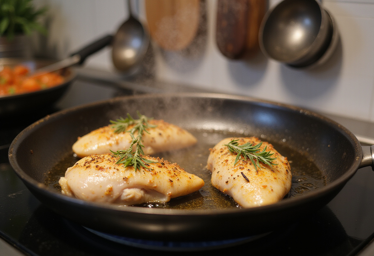 Cooking sizzling chicken breasts in a pan for a flavorful hot honey chicken bowl, garnished with fresh herbs in a cozy kitchen setting.