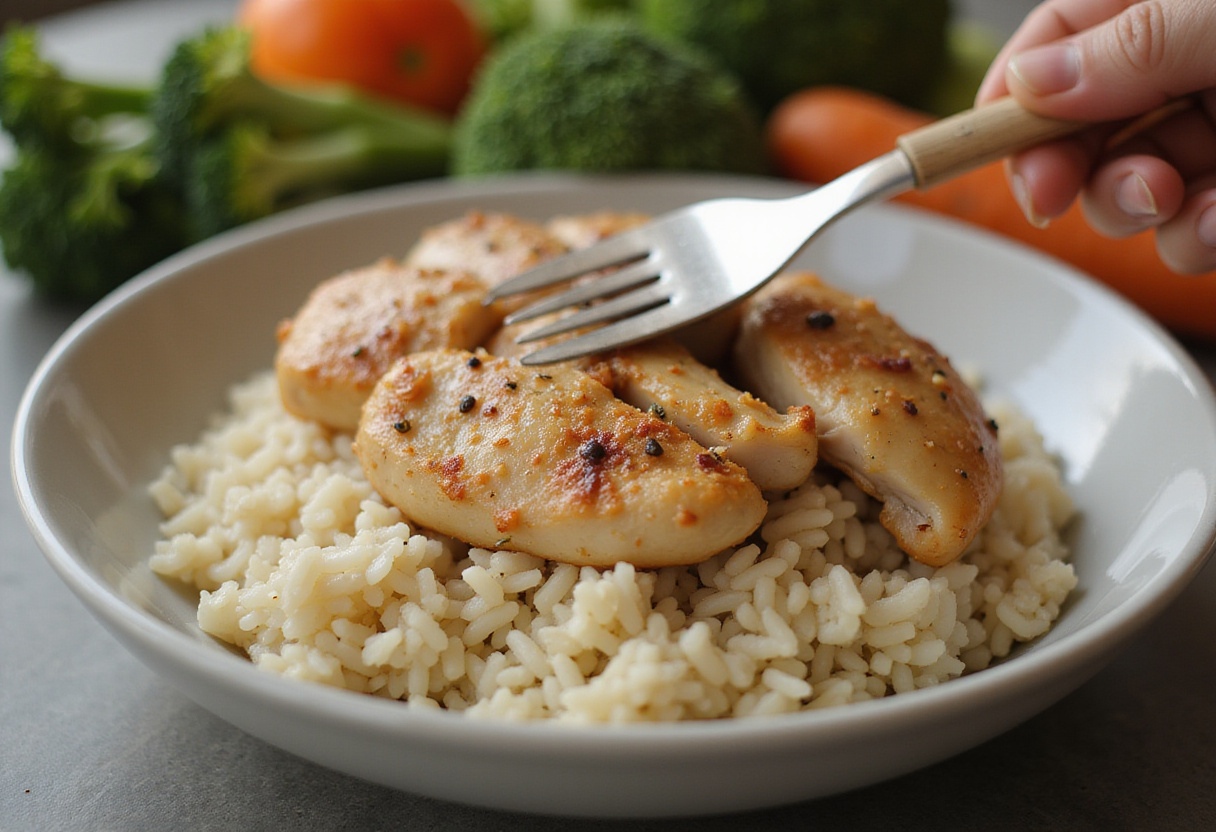 Creating a hot honey chicken bowl with slices of cooked chicken on rice, surrounded by vibrant vegetables on a kitchen counter.