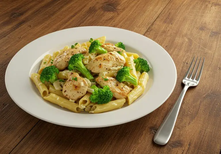 Serving of chicken and broccoli pasta, showcasing the perfect blend of flavors and textures in a delicious meal.