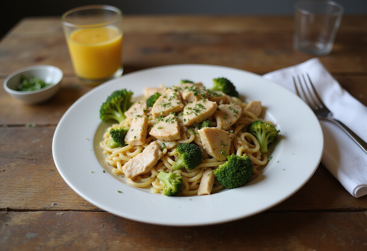 Serving of chicken and broccoli pasta, showcasing the perfect blend of flavors and textures in a delicious meal.