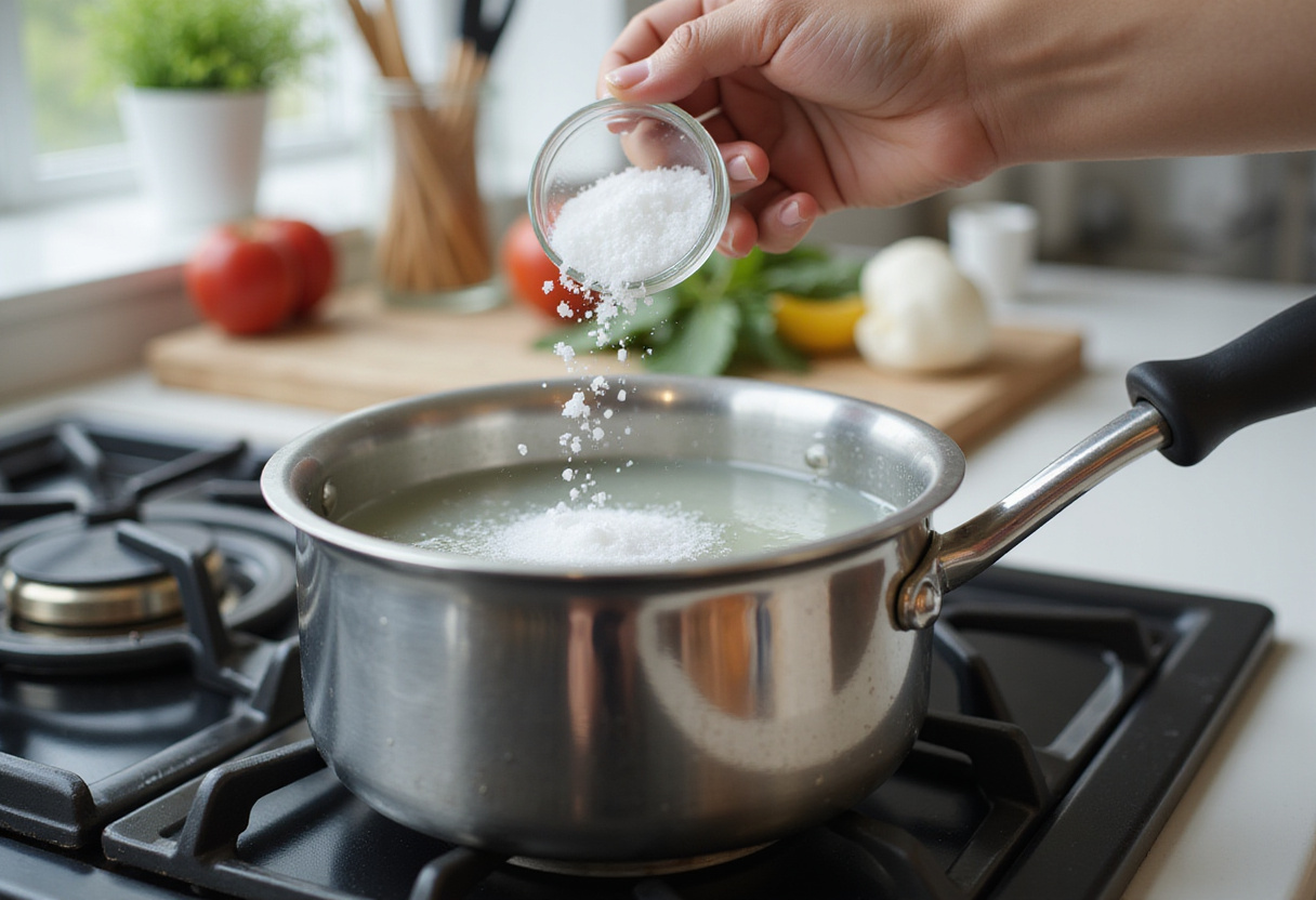 Boiling water with salt added for chicken and broccoli pasta recipe, perfect for cooking pasta.