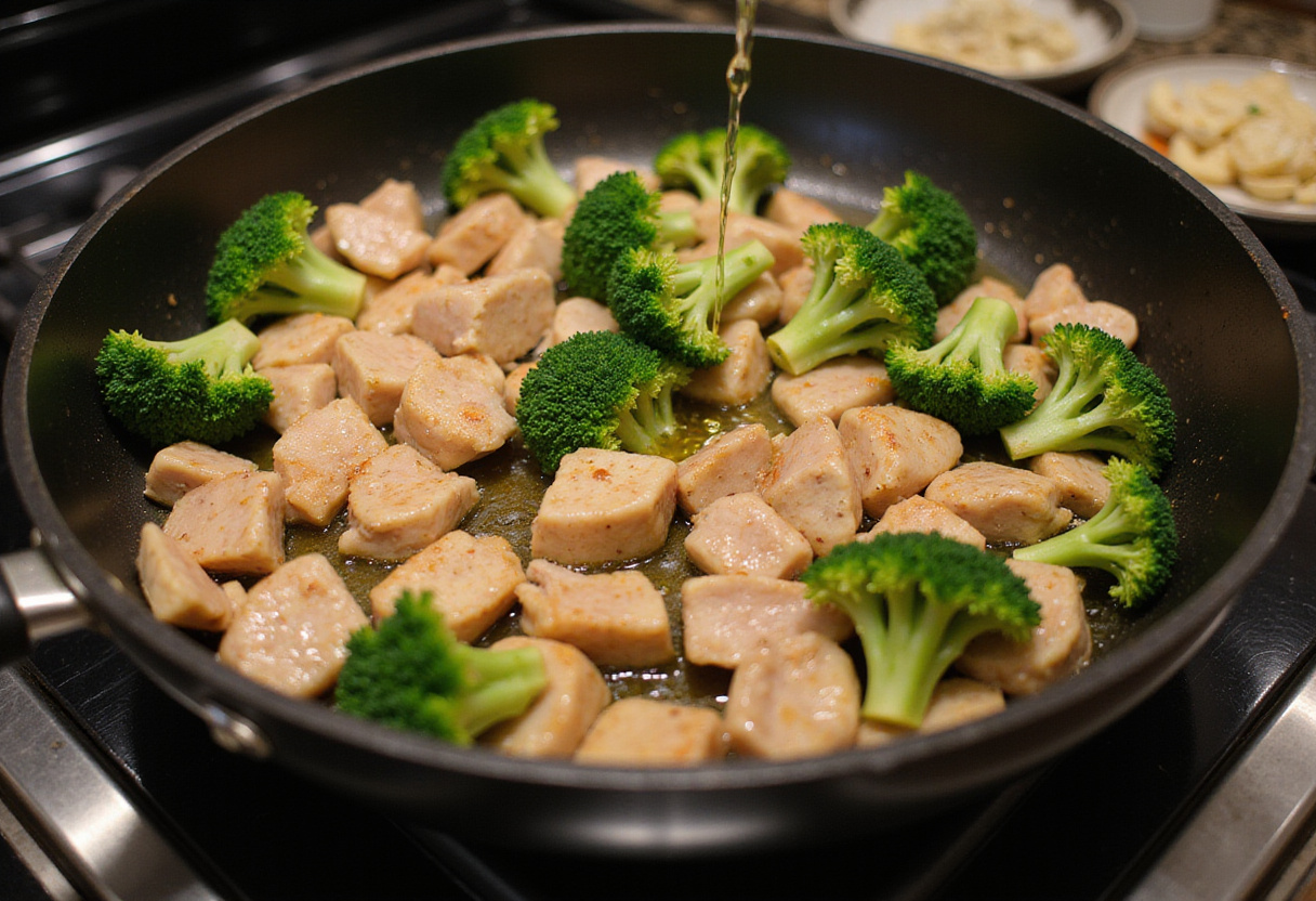 Cooking diced chicken with garlic and olive oil in a skillet for a delicious chicken and broccoli pasta meal.