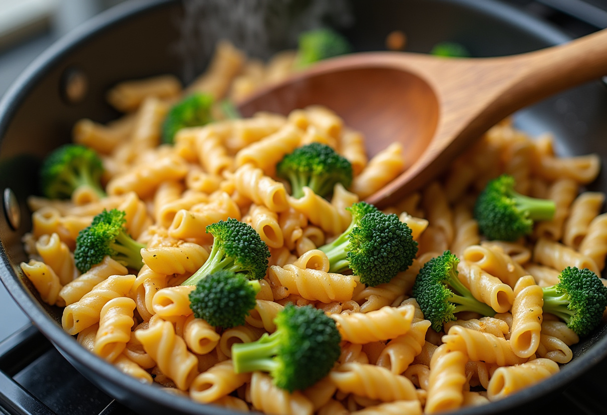 Mixing cooked pasta with chicken and broccoli, a vibrant dish being prepared on the stovetop.