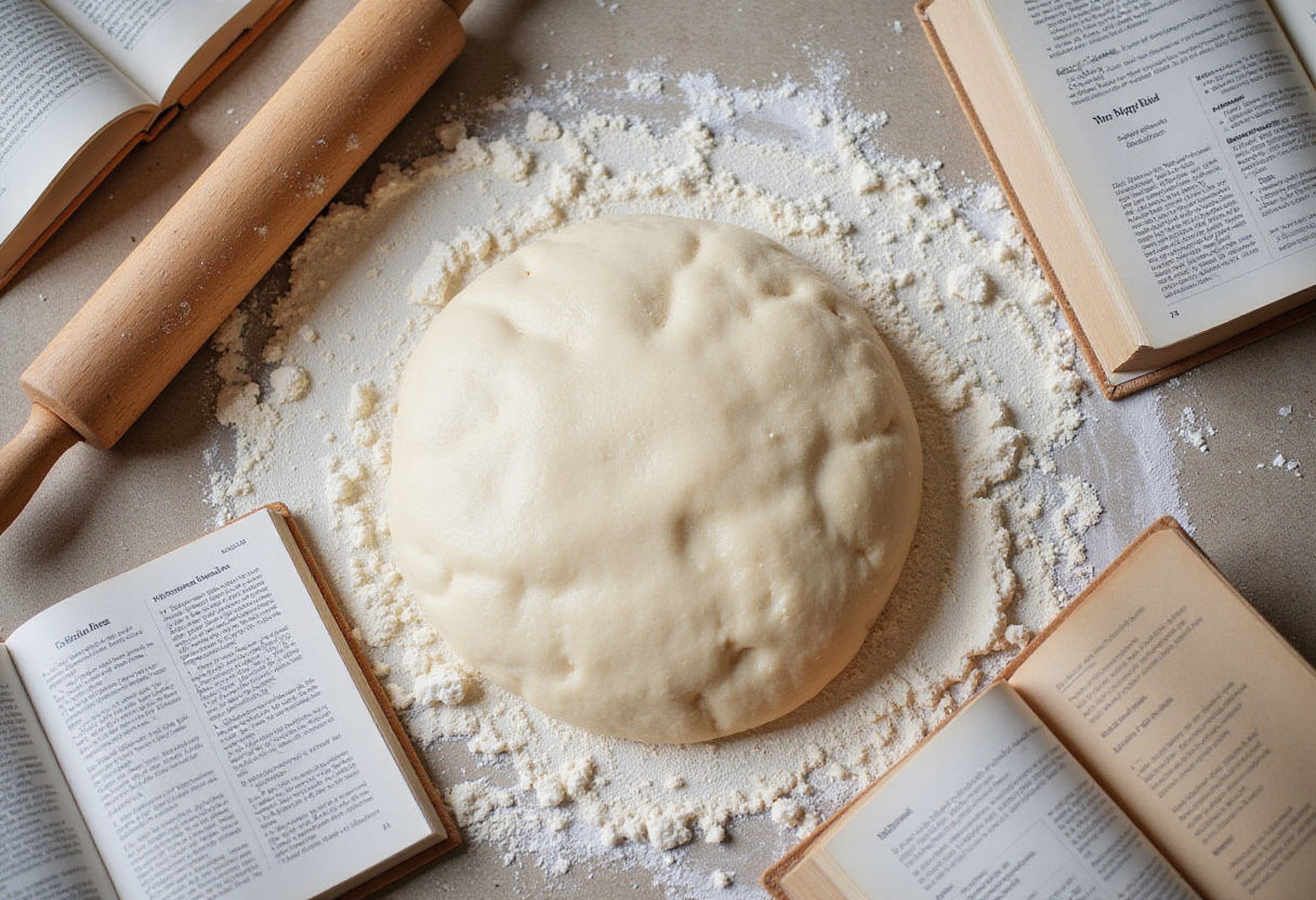 Kneading dough for delicious cruffins on a floured surface with a rolling pin and recipe books.