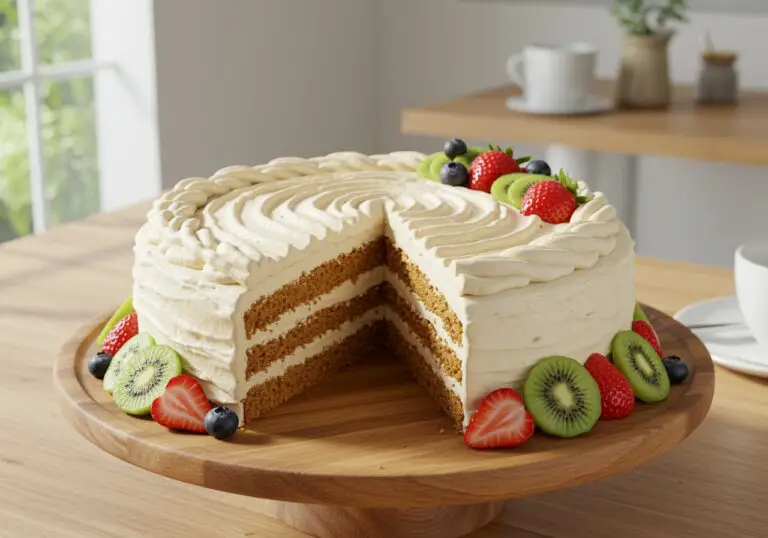 Final presentation of a stunning Hummingbird Cake with cream cheese frosting and fresh fruits, showcased in a bright dining area.