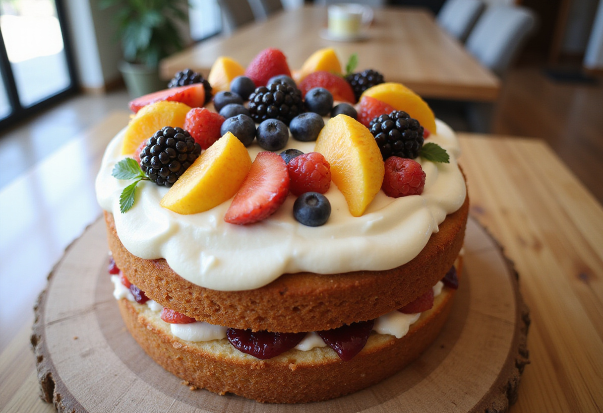 Final presentation of a stunning Hummingbird Cake with cream cheese frosting and fresh fruits, showcased in a bright dining area.