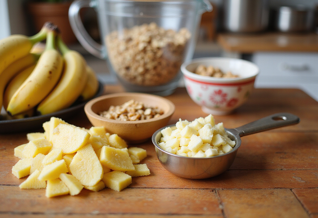 Ingredients preparation for Hummingbird Cake, showcasing ripe bananas, crushed pineapple, and walnuts in a bright kitchen.