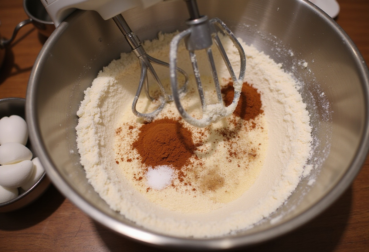 Mixing dry ingredients for Hummingbird Cake, capturing a cozy kitchen atmosphere with flour and sugar in a bowl.