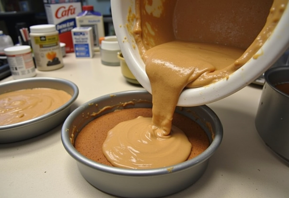Preparing Hummingbird Cake batter, pouring into pans in a kitchen filled with baking tools and vibrant ingredients.