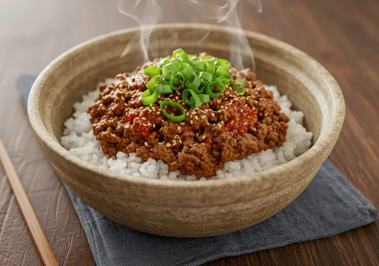 Final presentation of a Korean Ground Beef Bowl, showcasing a delicious mixture of beef, vegetables, and rice, garnished for a mouthwatering dish.