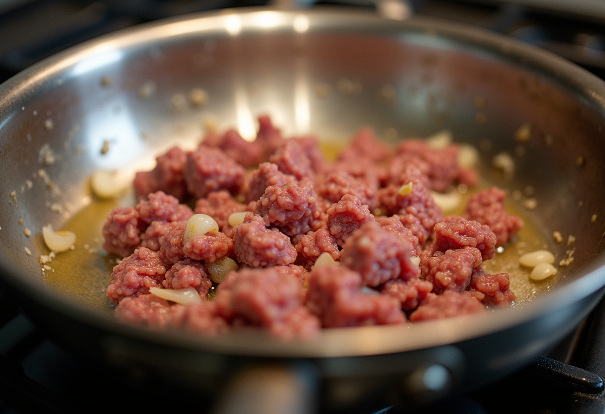 Delicious Korean Ground Beef Bowl preparation with sizzling ground beef, garlic, and onions in a pan.