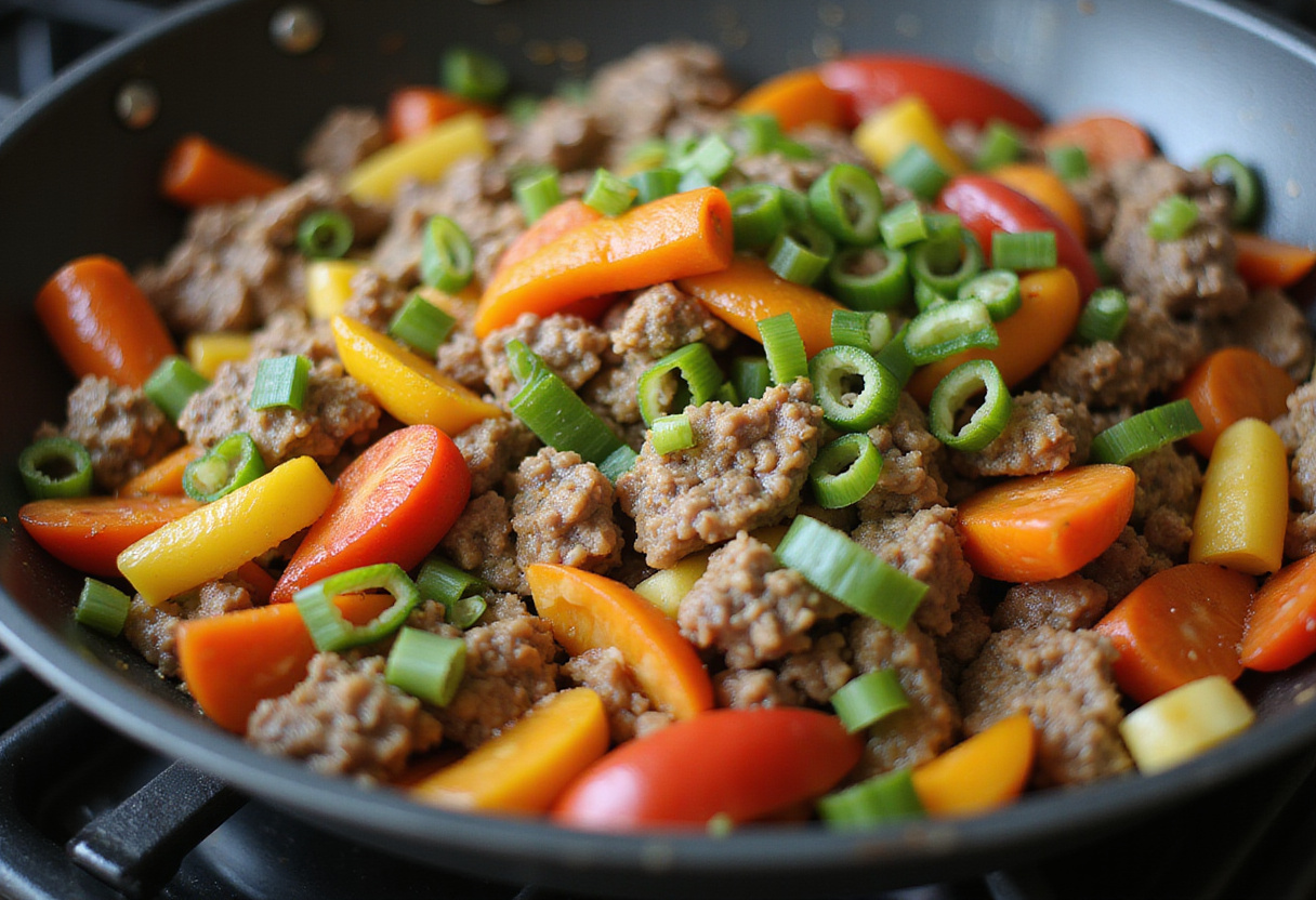 Healthy Korean Ground Beef Bowl ingredients including fresh vegetables being mixed with ground beef in the cooking process.