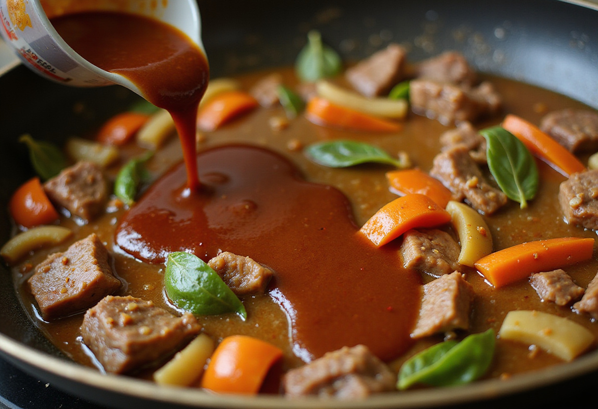 Flavorful sauce being added to Korean Ground Beef Bowl mixture, enhancing the taste of tender ground beef and fresh vegetables.