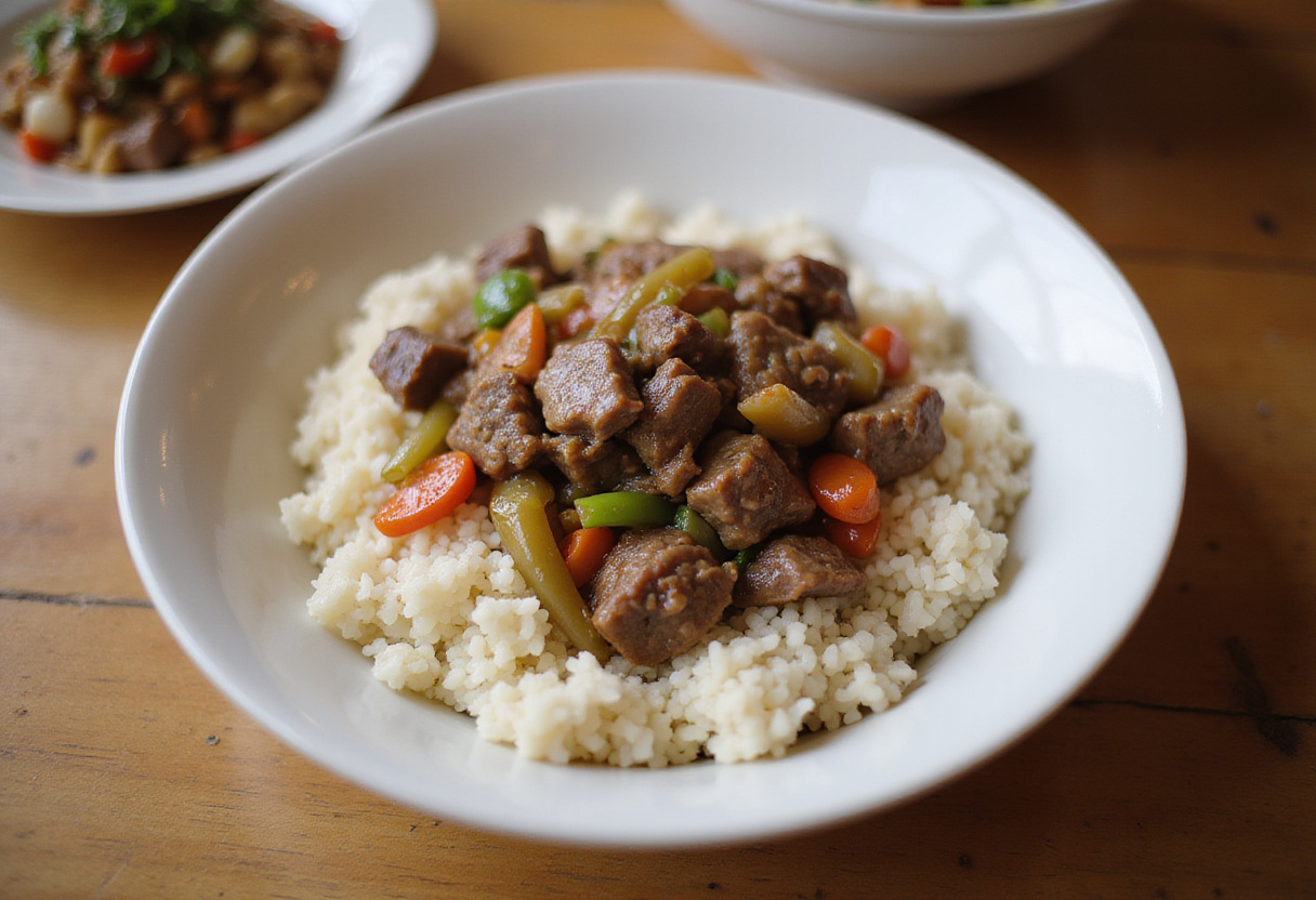 Korean Ground Beef Bowl assembly with rice base topped with seasoned ground beef and colorful vegetables, fresh and appetizing.