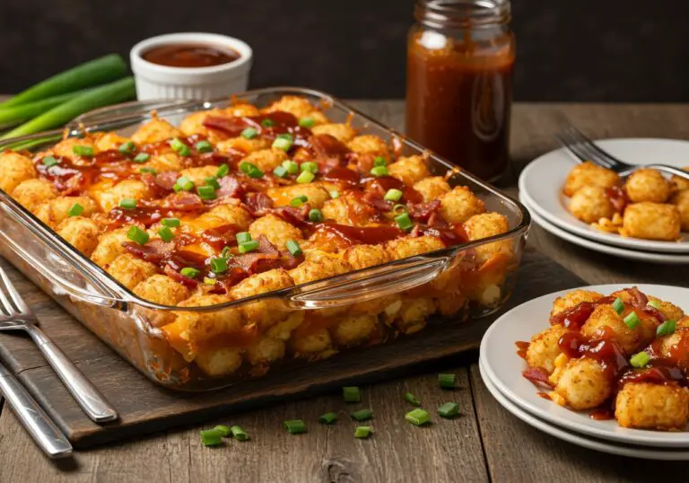 Loaded BBQ Bacon Tater Tot Casserole presented on a dining table, highlighting the delicious layers of tater tots, bacon, and cheese, perfect for gatherings and comfort food lovers.
