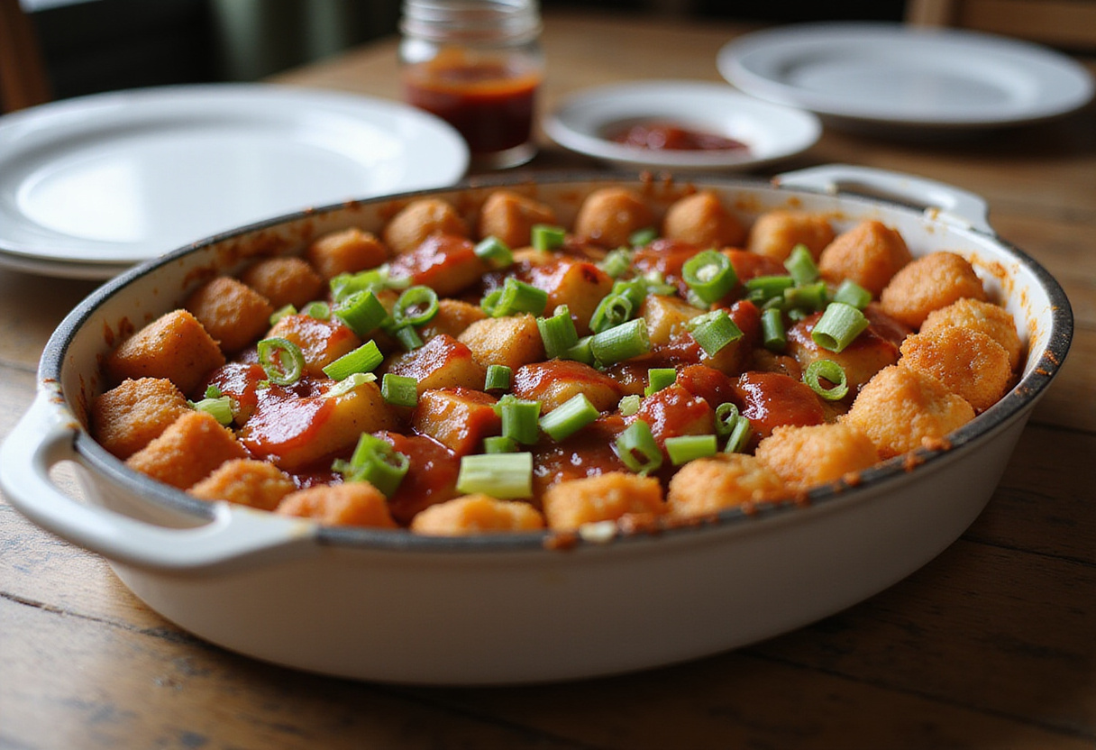 Loaded BBQ Bacon Tater Tot Casserole presented on a dining table, highlighting the delicious layers of tater tots, bacon, and cheese, perfect for gatherings and comfort food lovers.