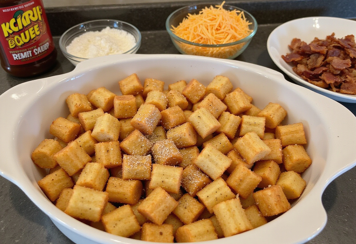 Crispy tater tots seasoned and prepared for Loaded BBQ Bacon Tater Tot Casserole, showcasing ingredients like salt, pepper, and a cozy kitchen atmosphere.