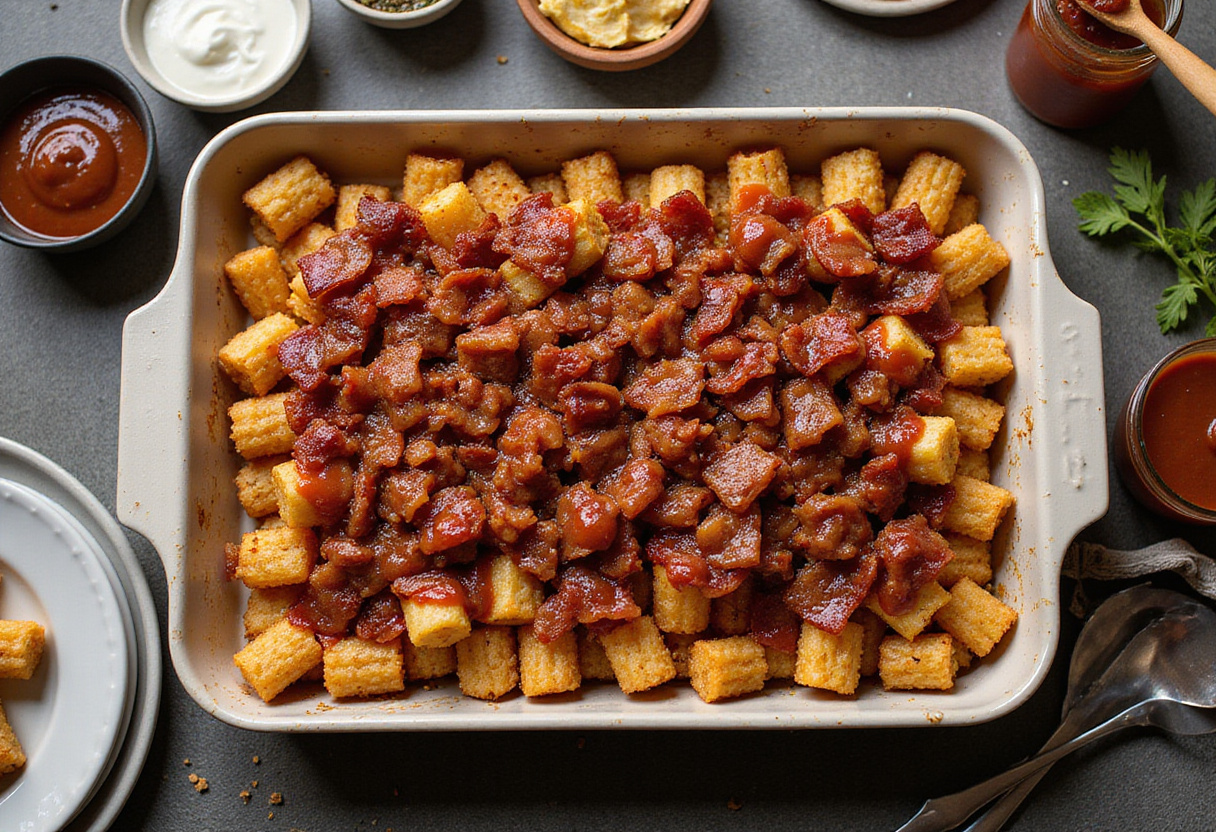 Tater tots layered in a dish with bacon and BBQ sauce for Loaded BBQ Bacon Tater Tot Casserole, emphasizing the vibrant colors and delicious textures of the meal preparation.