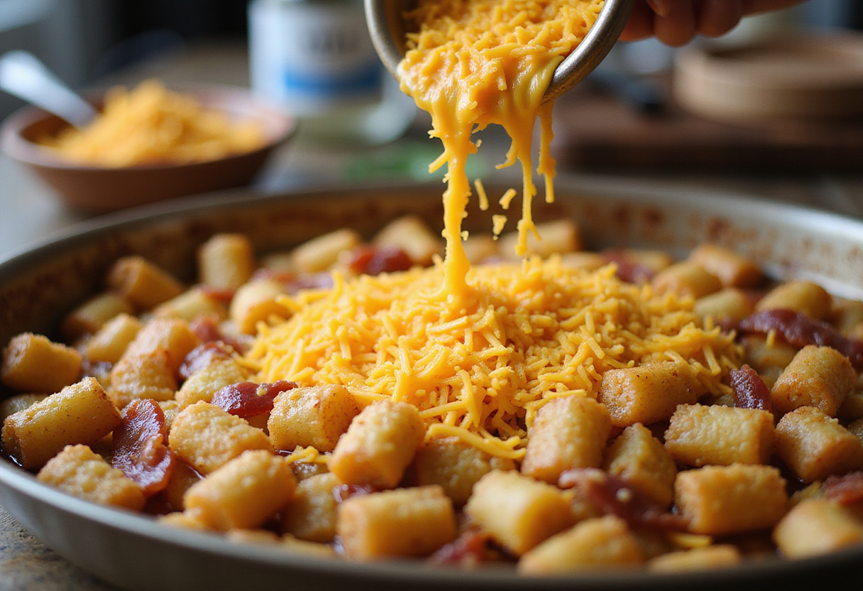 Cheese being added to Loaded BBQ Bacon Tater Tot Casserole, highlighting the melty texture that enhances the dish's flavor and appearance.