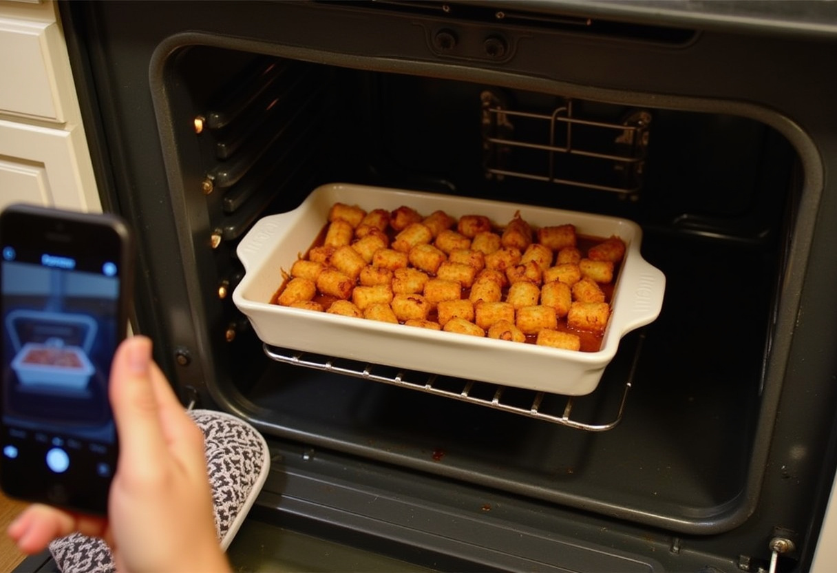 Loaded BBQ Bacon Tater Tot Casserole being placed in the oven for baking, showcasing a homey kitchen setting and the anticipation of a delicious meal.