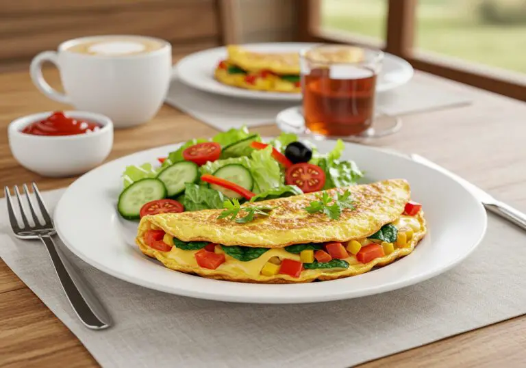Delicious and colorful loaded veggie cheese omelette served on a plate, ideal for a hearty breakfast full of nutrients.