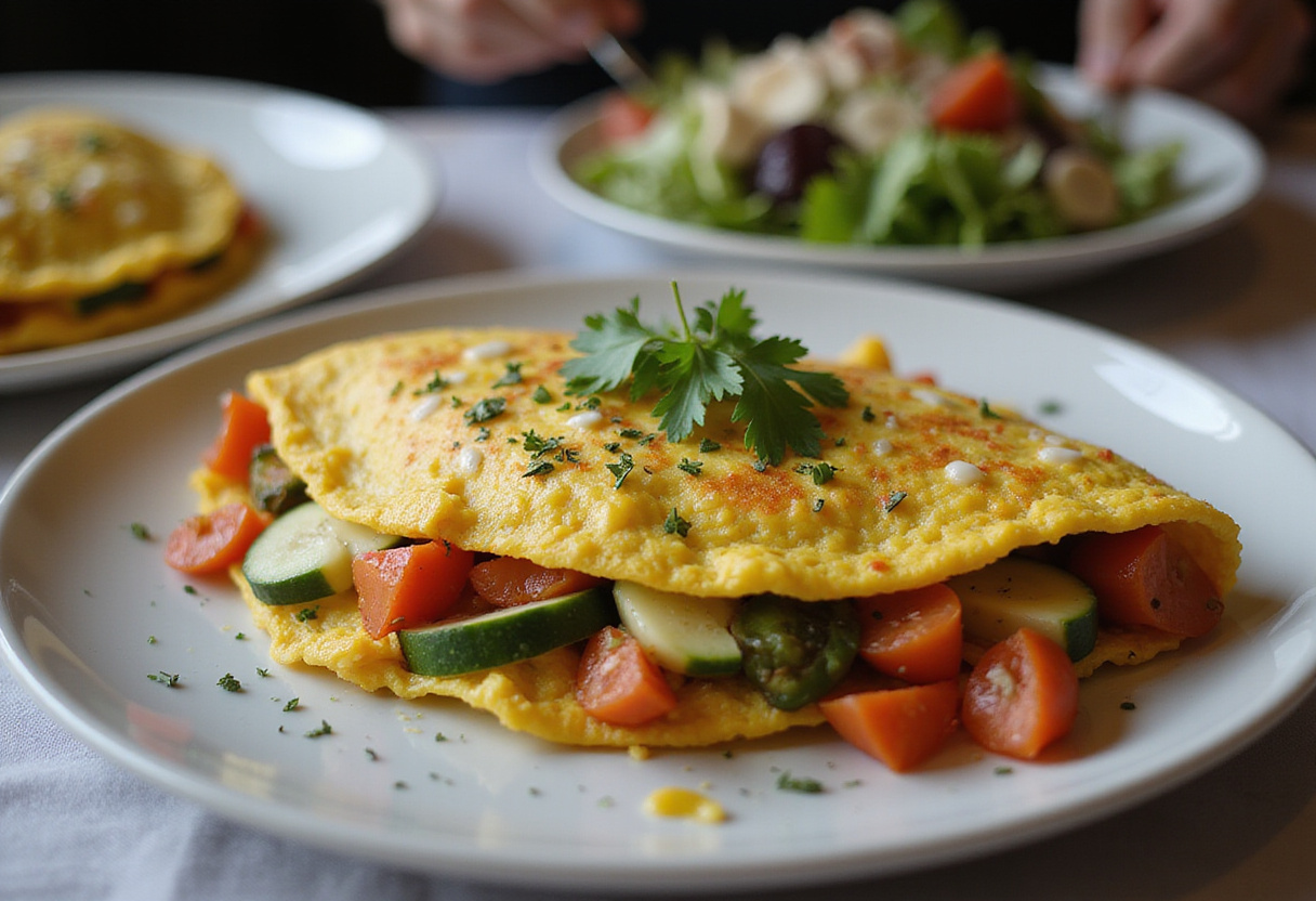 Delicious and colorful loaded veggie cheese omelette served on a plate, ideal for a hearty breakfast full of nutrients.
