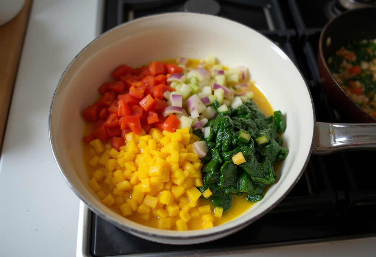 Preparing loaded veggie cheese omelette with whisked eggs and fresh vegetables for a healthy breakfast.