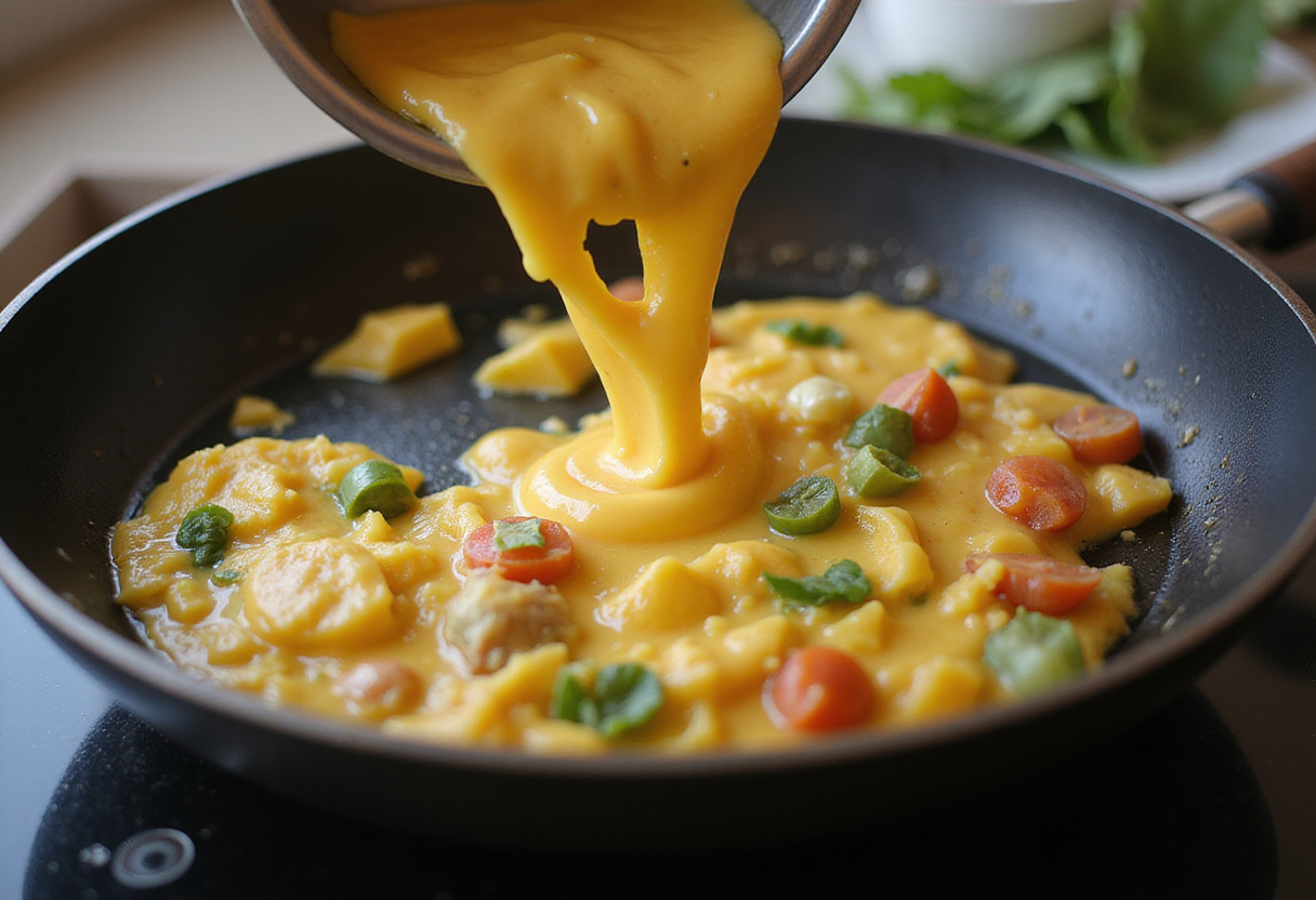 Cooking a loaded veggie cheese omelette in a sizzling frying pan, combining fresh vegetables and eggs for a delicious meal.