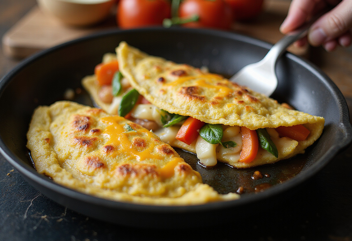 Folding a loaded veggie cheese omelette to reveal the vibrant vegetables and melted cheese, ready to be served.