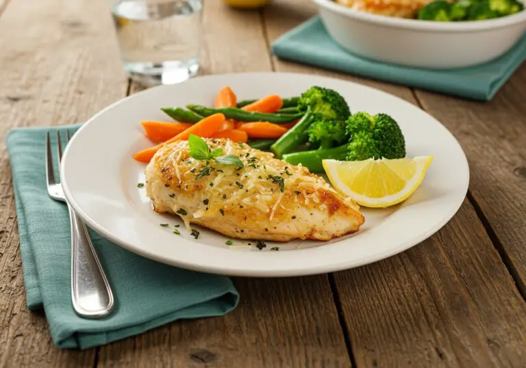 Final presentation of Longhorn Steakhouse Parmesan Chicken, showcasing a beautifully cooked chicken breast with vegetables and garnishes.