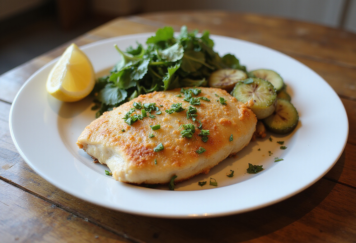 Final presentation of Longhorn Steakhouse Parmesan Chicken, showcasing a beautifully cooked chicken breast with vegetables and garnishes.