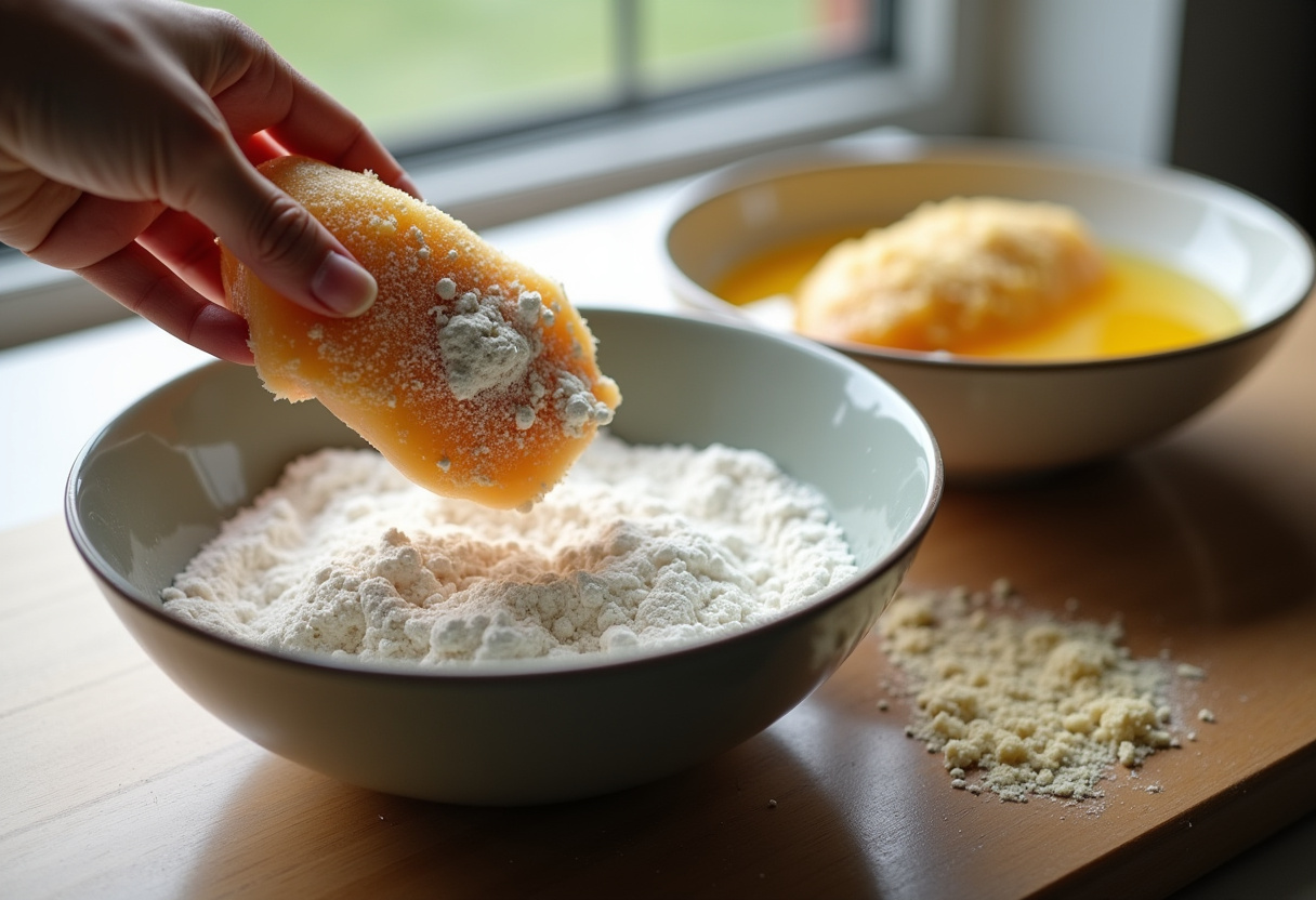 Breading process for Longhorn Steakhouse Parmesan Chicken, using flour, eggs, and Parmesan breadcrumbs.