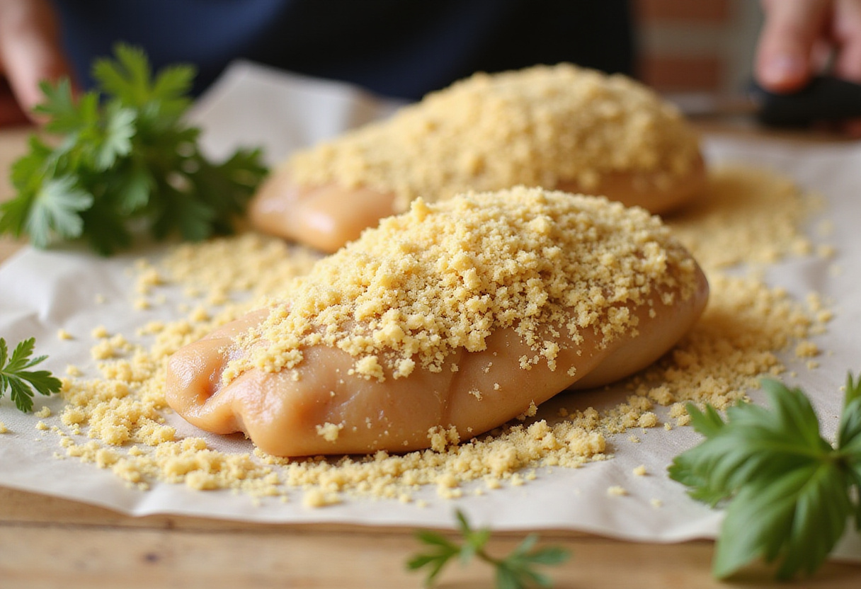 Coating chicken with breadcrumbs for Longhorn Steakhouse Parmesan Chicken, showcasing fresh herbs for garnish.