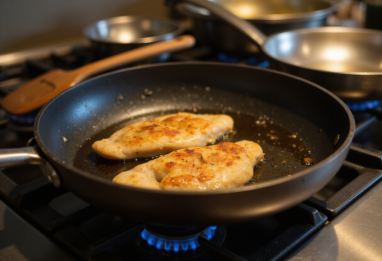 Cooking Longhorn Steakhouse Parmesan Chicken in a frying pan, capturing the process of frying to a golden brown.