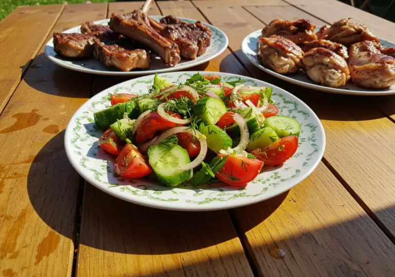 Delicious marinated cucumbers, onions, and tomatoes displayed on a plate, ready to be enjoyed as a refreshing side dish, perfect for summer meals.