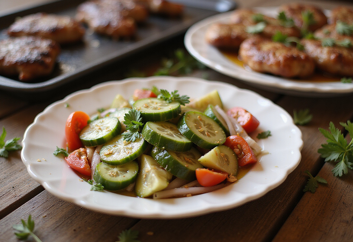Delicious marinated cucumbers, onions, and tomatoes displayed on a plate, ready to be enjoyed as a refreshing side dish, perfect for summer meals.
