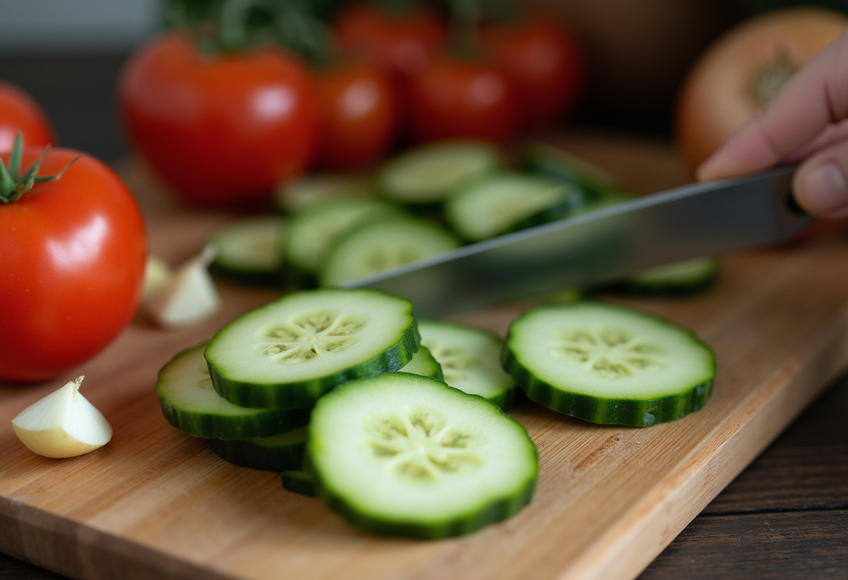 Fresh cucumbers being sliced for marinated cucumbers, onions, and tomatoes recipe in a rustic kitchen, healthy summer salad preparation.