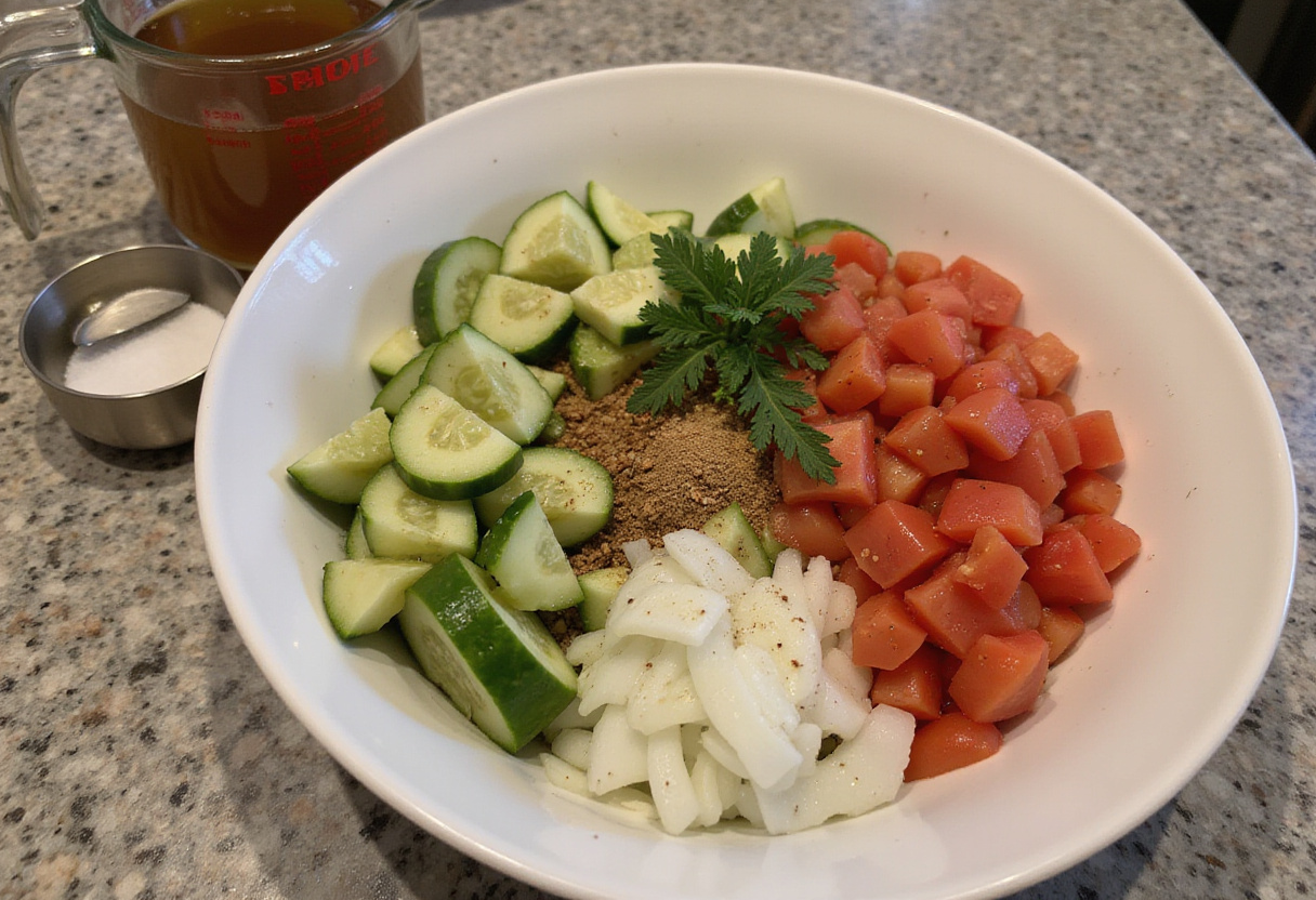 Marinated cucumbers, onions, and tomatoes ingredients mixed in a bowl, showcasing a colorful salad preparation using fresh vegetables and flavorful spices.