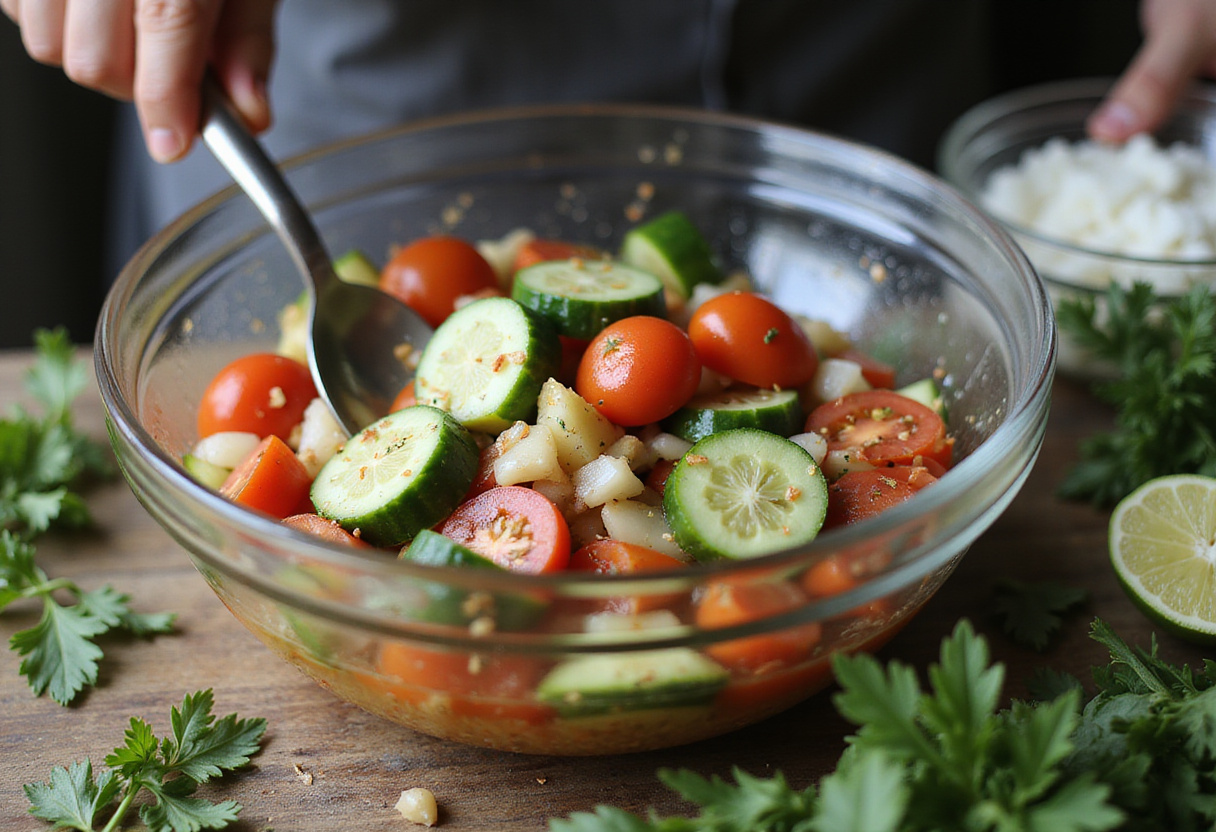 Mixing marinated cucumbers, onions, and tomatoes in a large glass bowl, emphasizing the fresh herbs and colorful ingredients for a delightful salad.
