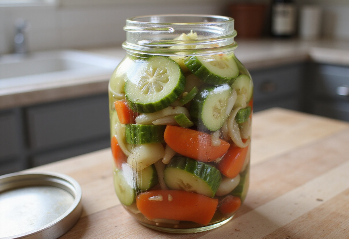 Storing marinated cucumbers, onions, and tomatoes in a clear glass jar, perfect for meal prep and enhancing flavors in salads or as a fresh side dish.