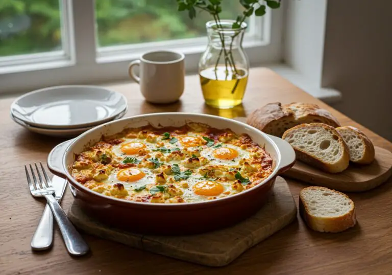 Final presentation of Mediterranean Baked Feta Eggs, an inviting and delicious breakfast served with crusty bread, perfect for a hearty meal.