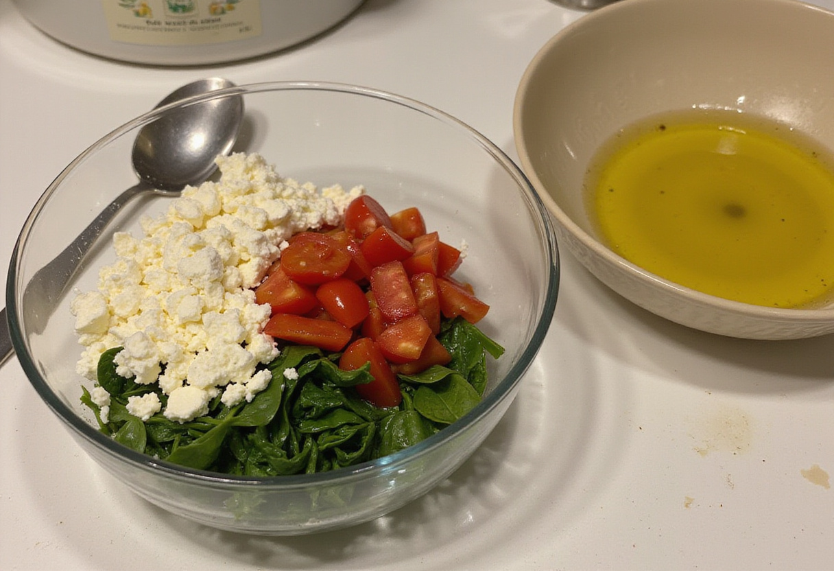 Mediterranean Baked Feta Eggs ingredients including crumbled feta cheese, diced tomatoes, and chopped spinach prepared in a bowl for a delicious dish.