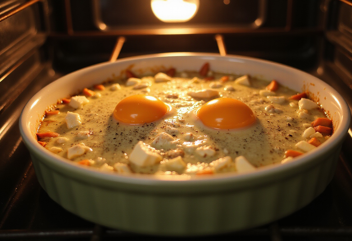 Adding eggs to Mediterranean Baked Feta Eggs recipe, creating a savory breakfast dish with fresh ingredients and spices.